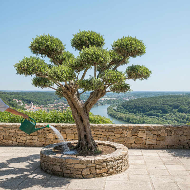 Bewässerung eines formgeschnittenen Olivenbaums auf sonniger Terrasse