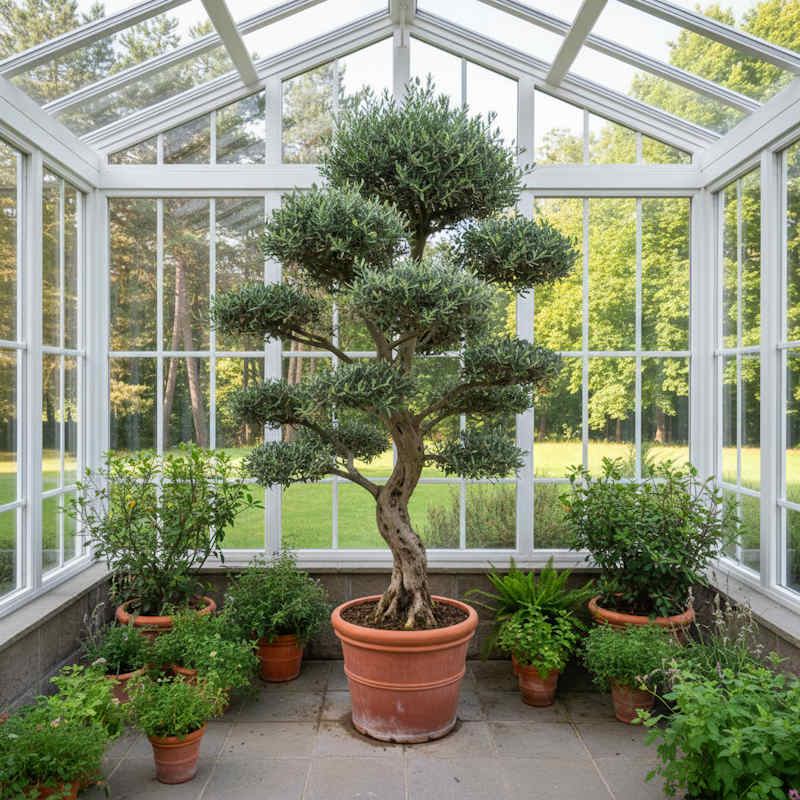 Formgeschnittener Olivenbaum im hellen Wintergarten