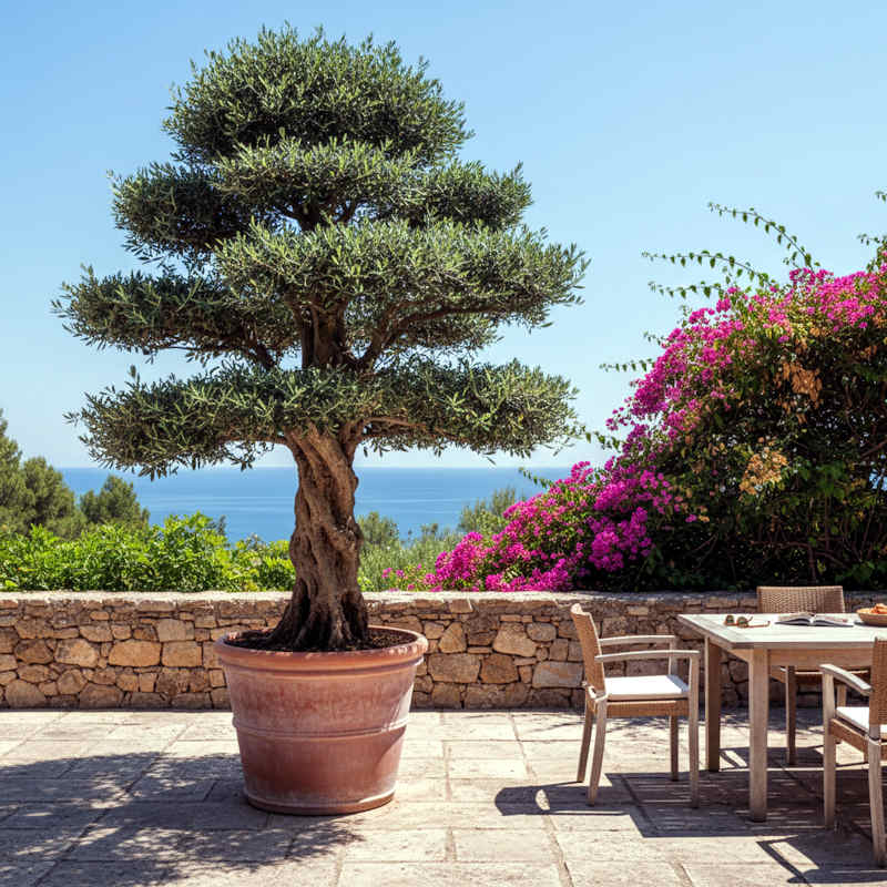 Formschnitt Olivenbaum mit perfekt geformter Tellerkrone und dichtem Blattwerk