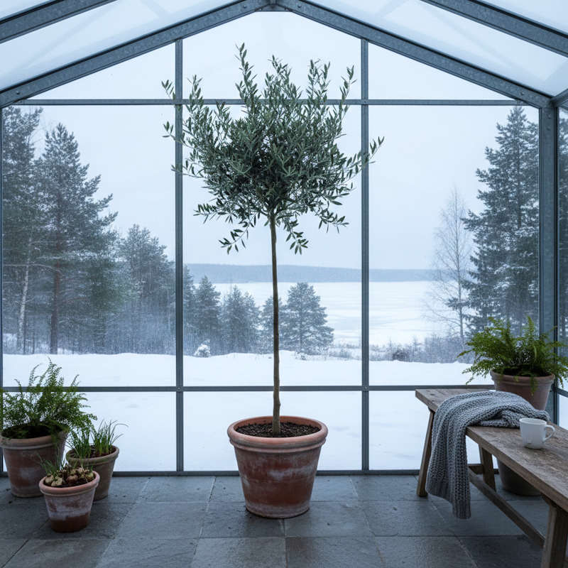 Junger Olivenbaum im hellen, kühlen Wintergarten