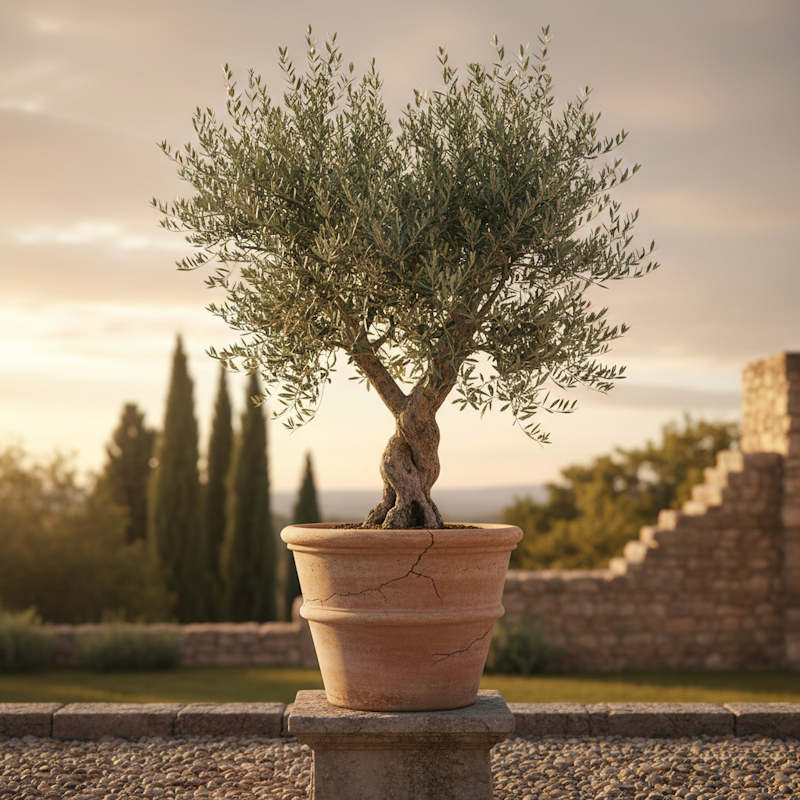 Junger Olivenbaum mit silbergrünen Blättern und charakteristischem Stamm