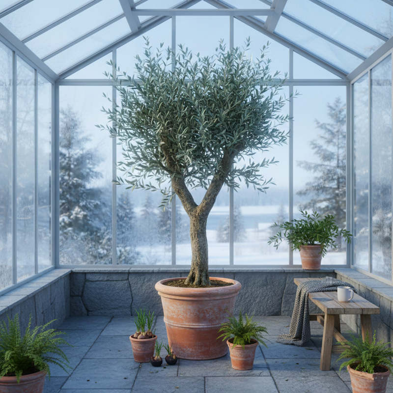 Reifer Olivenbaum im hellen Wintergarten