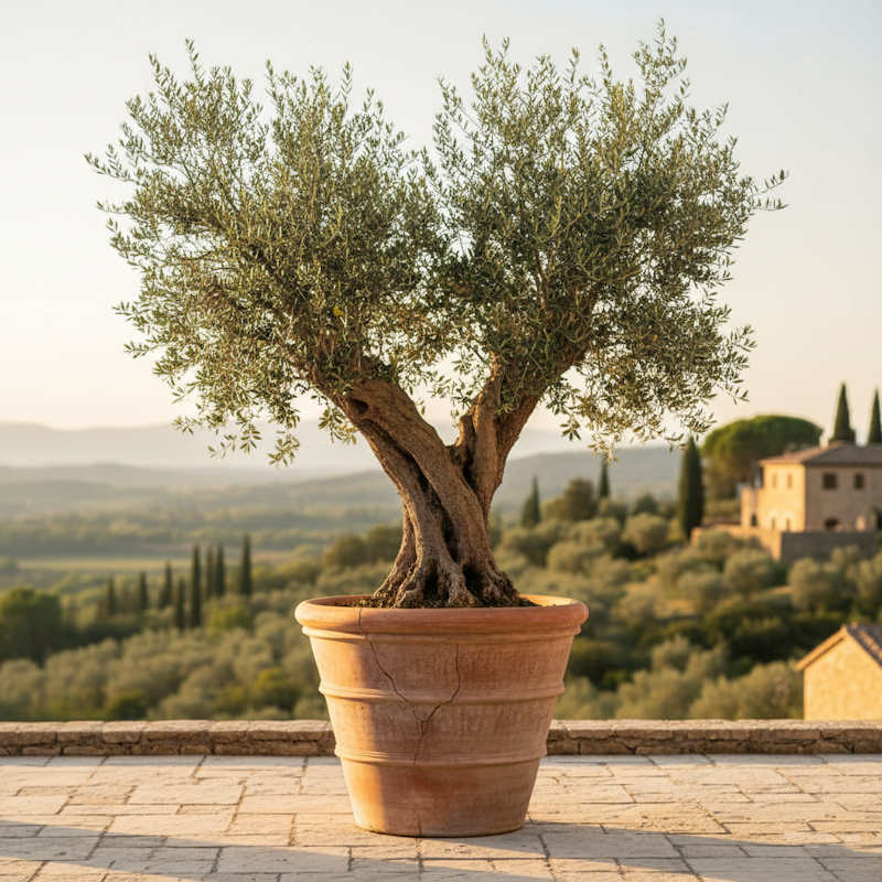 Reifer Olivenbaum mit charaktervollem Stamm und ausladender Krone
