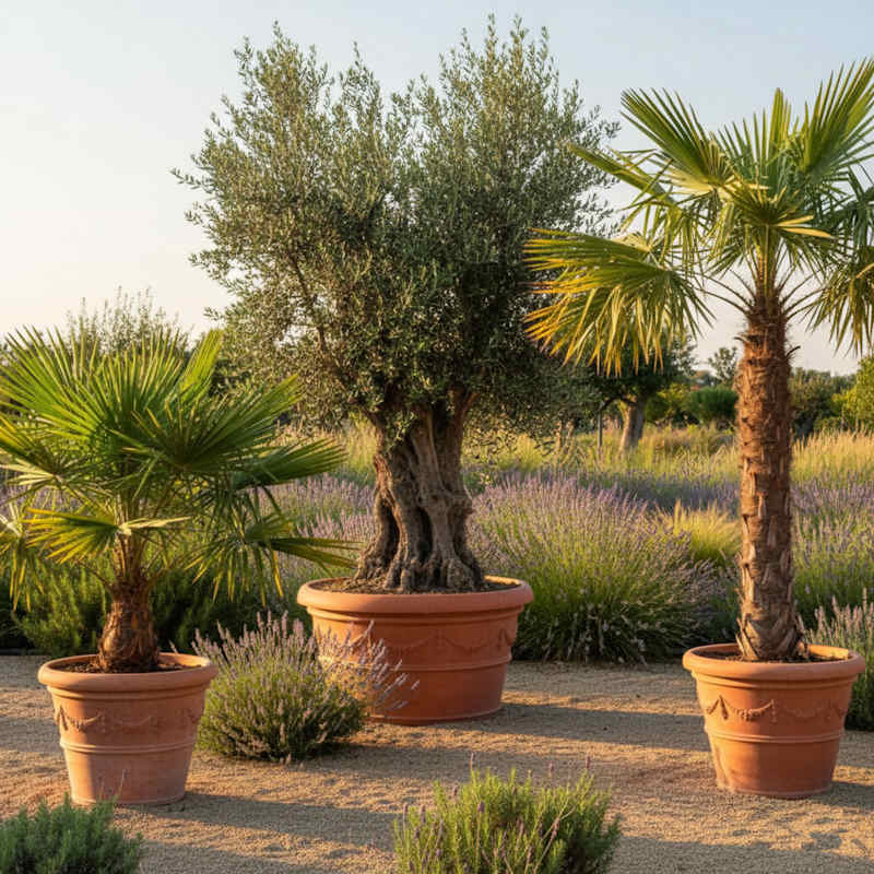 Winterharte Palmen mit Olivenbaum im mediterran gestalteten Garten