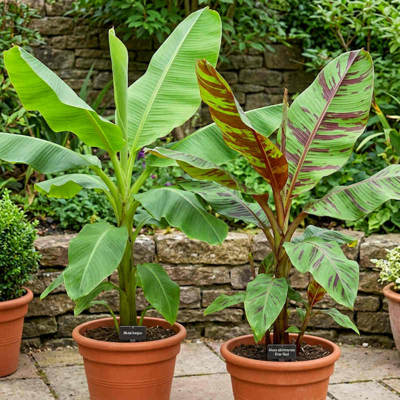 Musa basjoo und Musa sikkimensis Ever Red nebeneinander im Garten