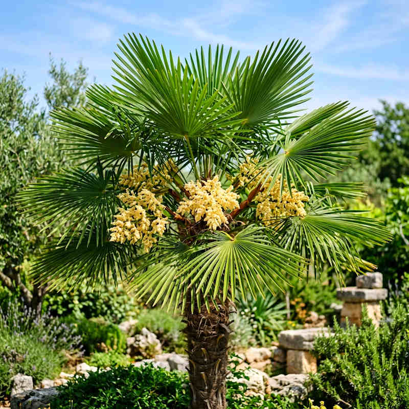 Gesunde Trachycarpus Hanfpalme im Garten mit kräftiger Krone