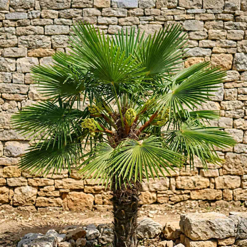 Trachycarpus fortunei weiblich mit Blütenstand in der Krone