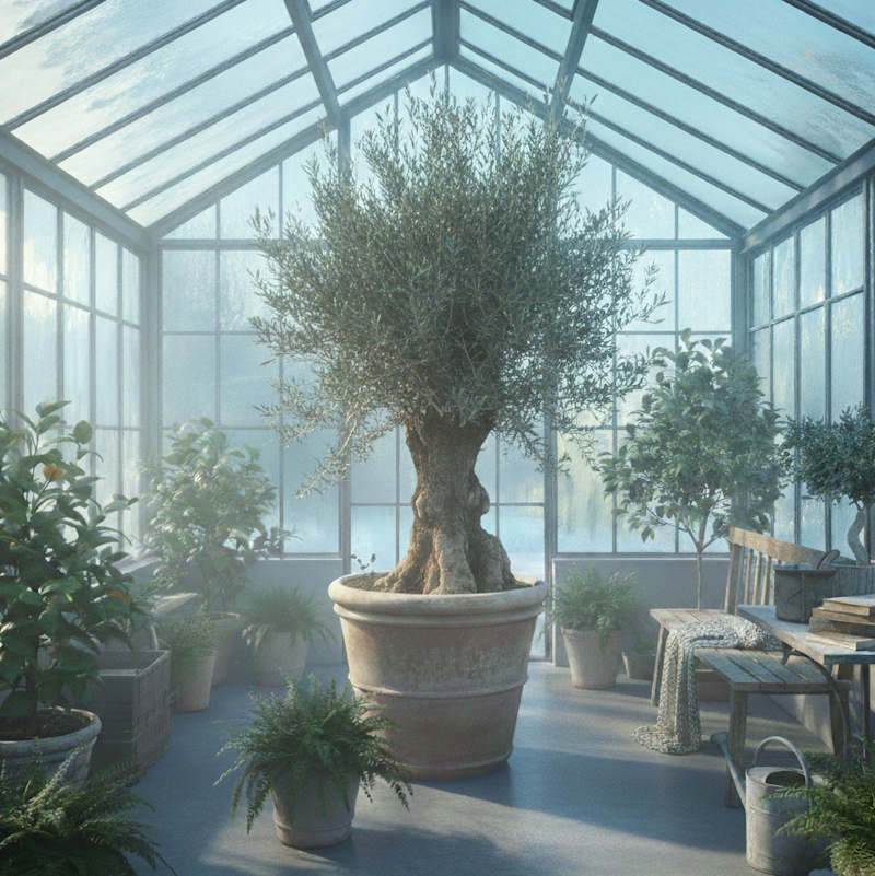 Alter Olivenbaum in hellem, kühlem Wintergarten