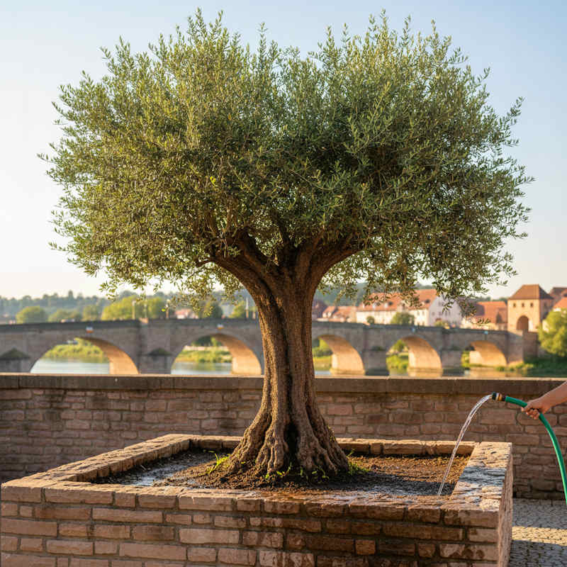 Bewässerung eines alten Olivenbaums im mediterranen Garten