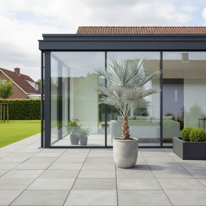 Bismarckpalme mit charakteristischen silbrig-blauen Fächerwedeln als Zimmerpalme im Kübel