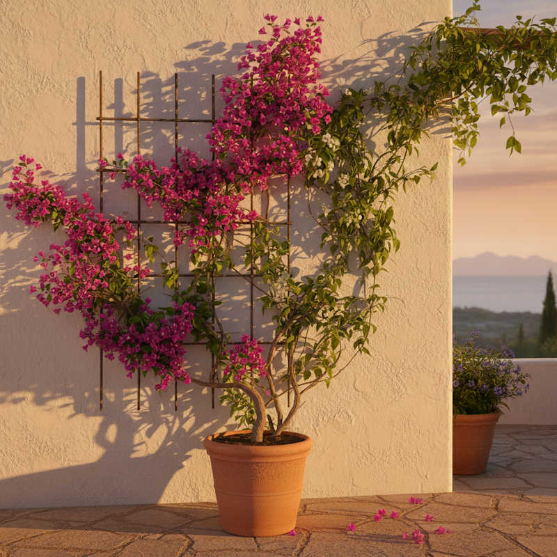 Bougainvillea Drillingsblume in leuchtendem Pink als Kübelpflanze auf der Terrasse