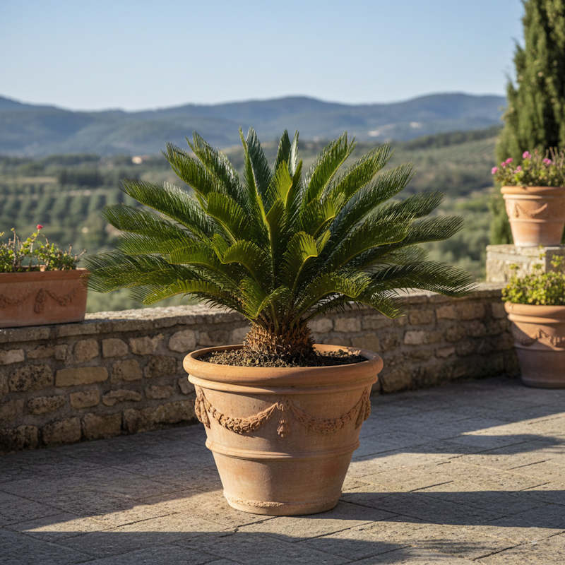 Cycas revoluta als Kübelsolitär auf einer Terrasse mit glänzenden dunkelgrünen Wedeln
