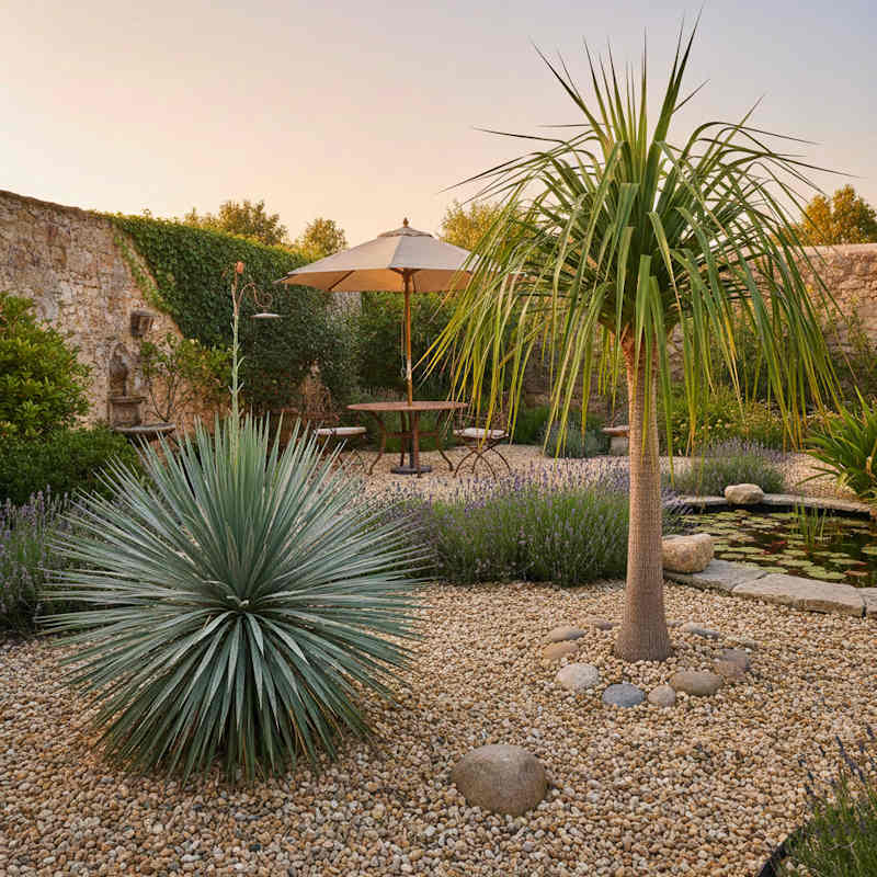 Dasylirion und Nolina als Solitärpflanzen in einem mediterranen Garten mit Kiesbett