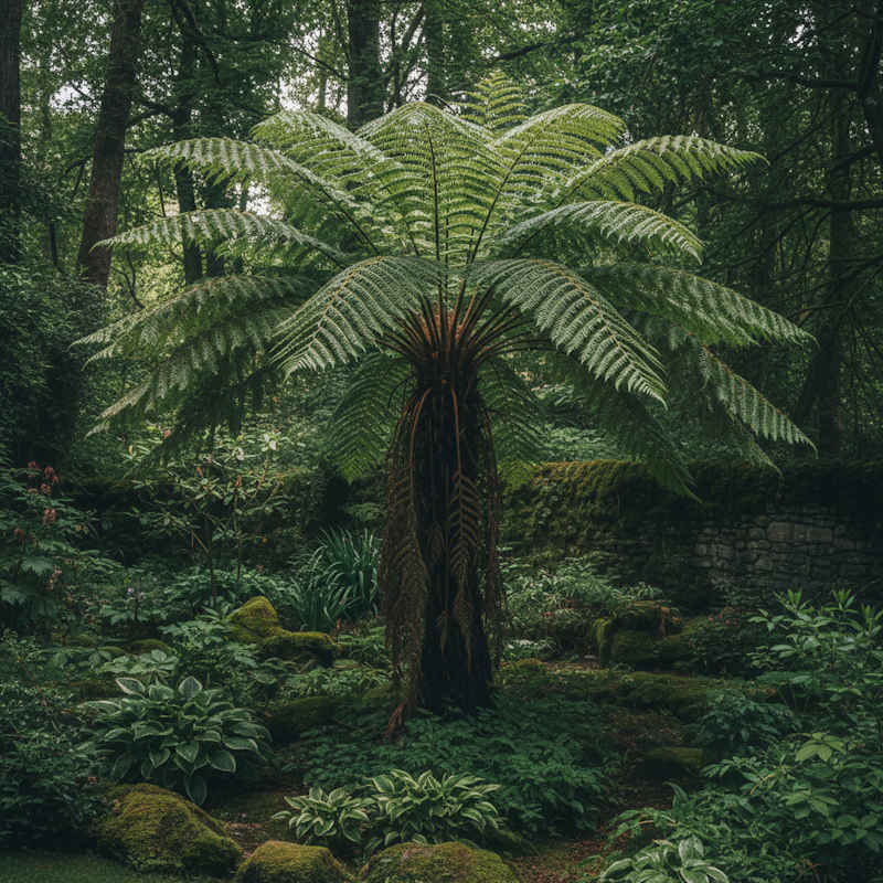 Dicksonia antarctica als Solitär mit ausladenden Wedeln im schattigen Garten