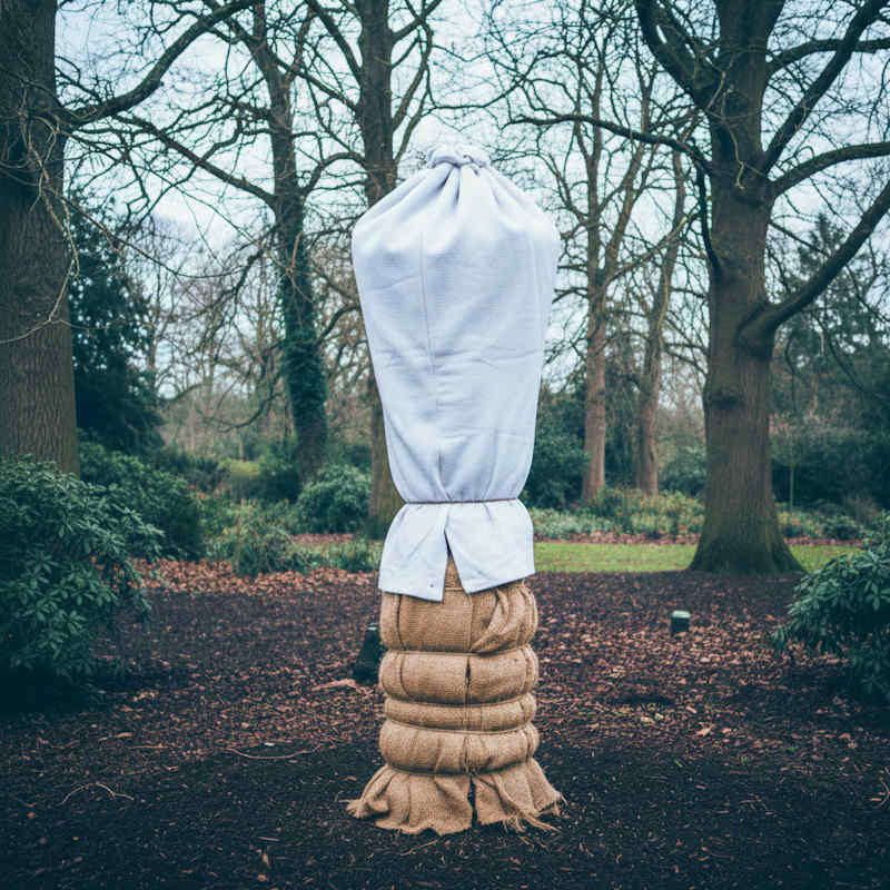 Dicksonia antarctica mit zusammengebundenen Wedeln und eingewickeltem Caudex als Winterschutz