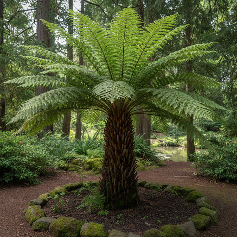 Dicksonia antarctica mit dichter Wedelkrone und charakteristischem Faserstamm im Außenbereich