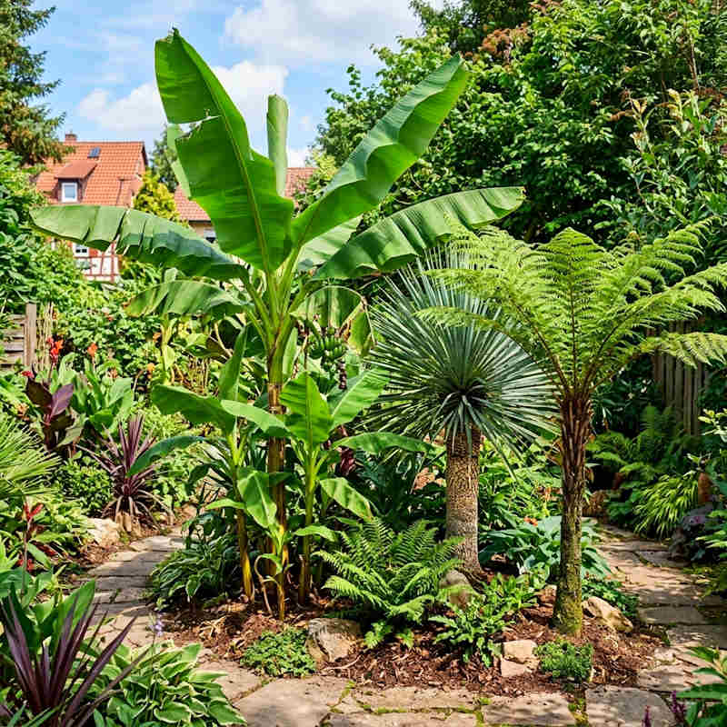 Exotische Pflanzen im Garten – Bananenpflanze, Yucca und Baumfarn als tropisches Ensemble