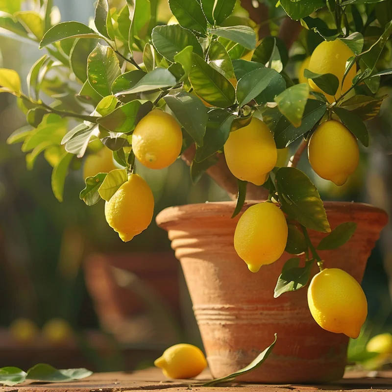 Zitronenbaum in großem Terrakottatopf auf sonniger Südterrasse