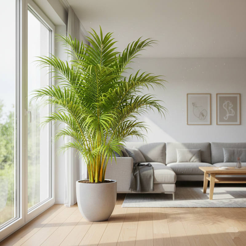 Große Zimmerpalme als grüner Blickfang im modernen Wohnzimmer mit viel natürlichem Licht