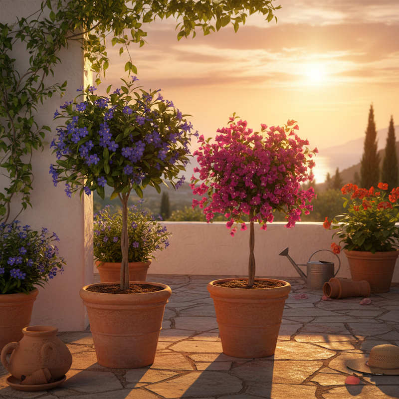 Mediterrane Blühpflanzen – Oleander, Dipladenia und Bougainvillea auf einer sonnigen Südterrasse in Kübeln
