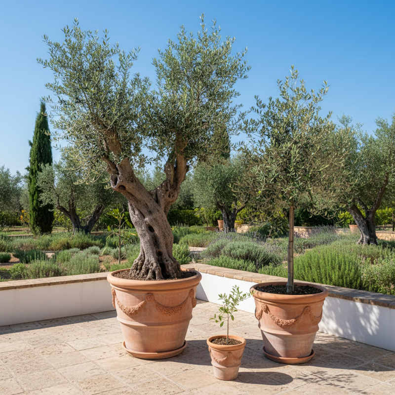 Olivenbäume in verschiedenen Größen – vom Jungbaum bis zum knorrigen Unikat – auf mediterraner Terrasse und im Garten