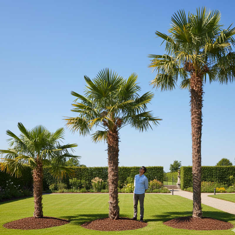 3 grössen von Winterharte Hanfpalmen Trachycarpus fortunei ausgepflanzt im Garten 