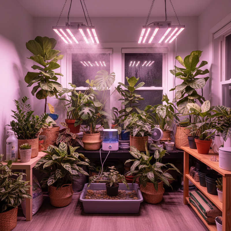 Tropische Zimmerpflanzen in einem hellen Winterquartier mit Kunstlicht und feuchtigkeitserhöhenden Maßnahmen