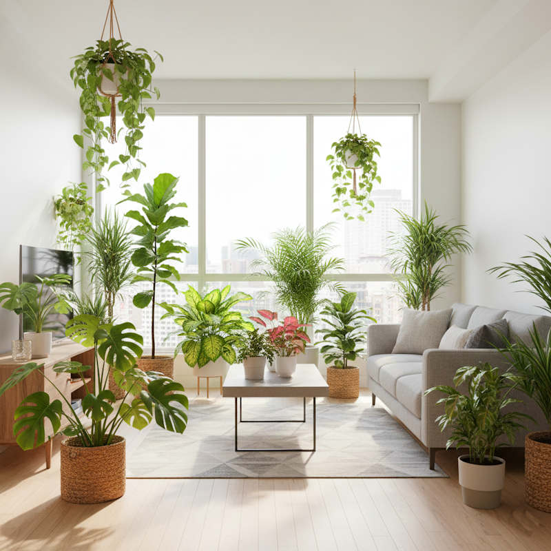 Tropische Zimmerpflanzen verschiedener Arten in einem hellen modernen Wohnzimmer mit großem Fenster