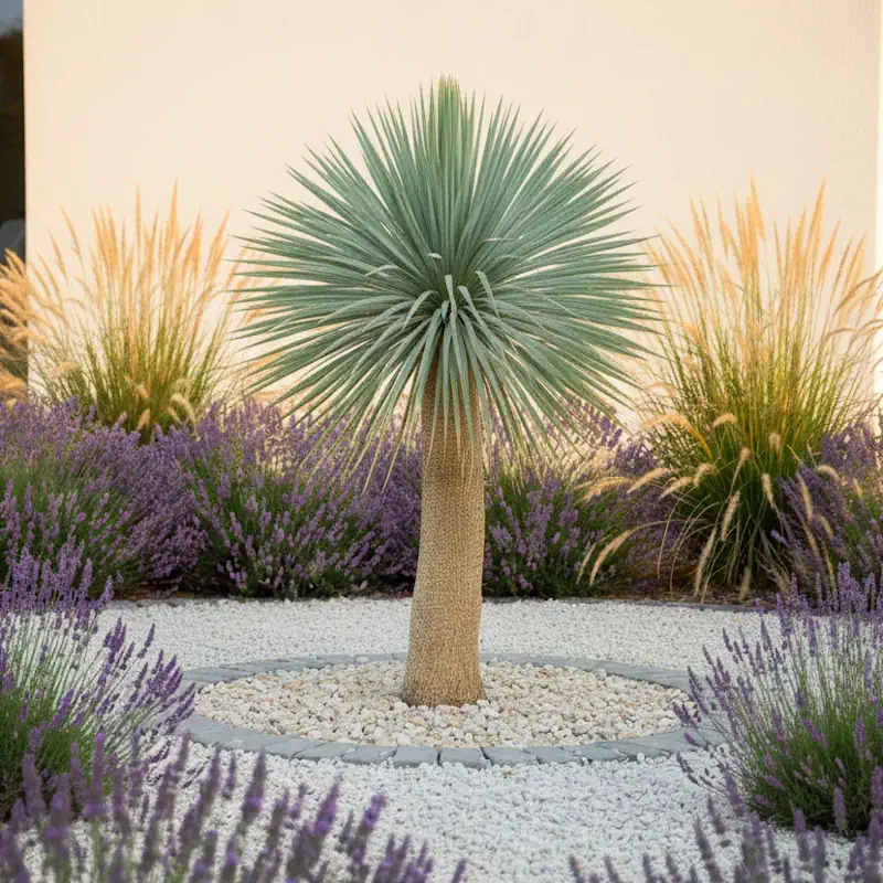 Yucca rostrata als Solitärpflanze im sonnigen mediterranen Garten mit Kiesbeet