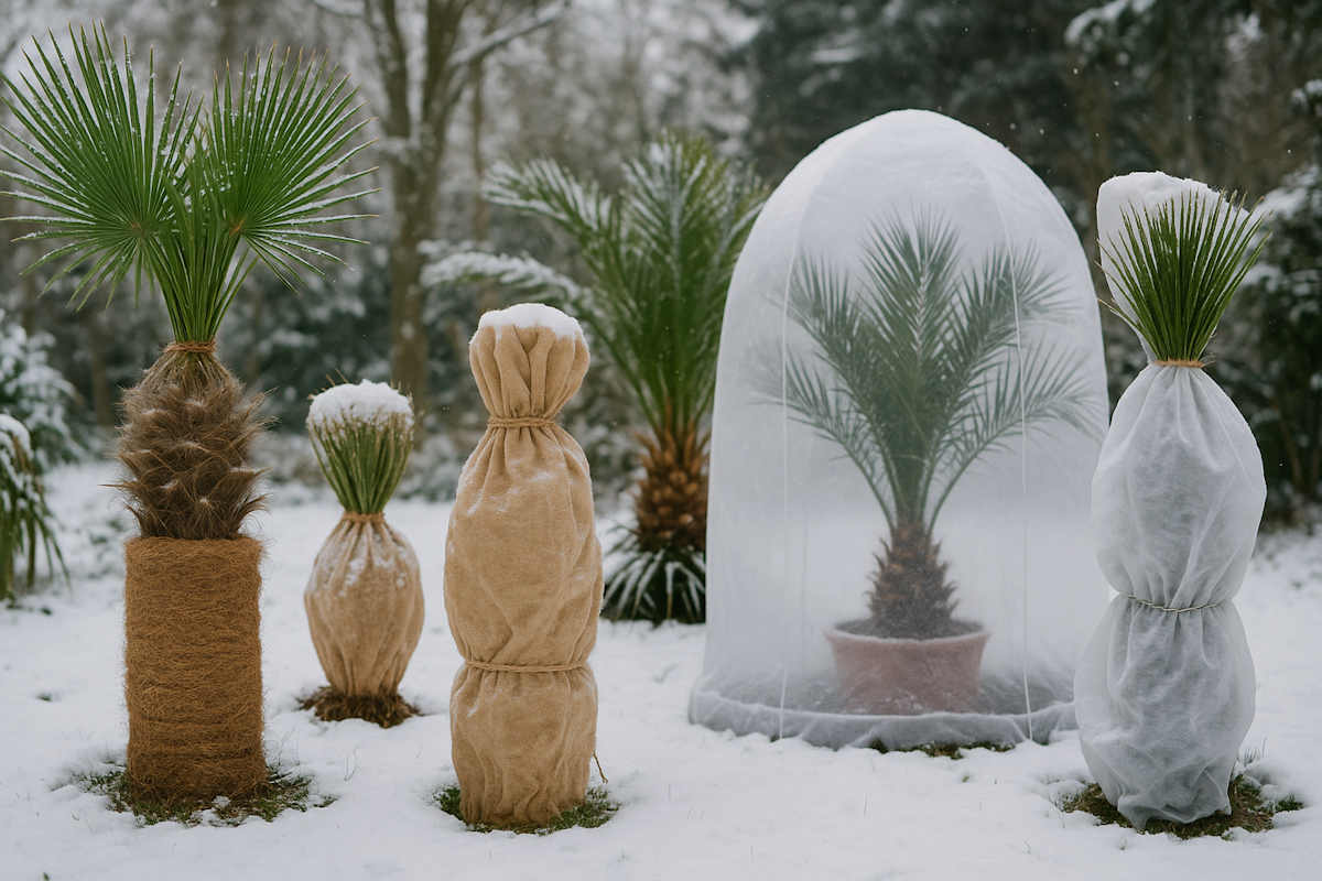 Ausgepflanzte winterharte Palmen im verschneiten Garten mit Schutzhaube und Mulch – Palmenstadl