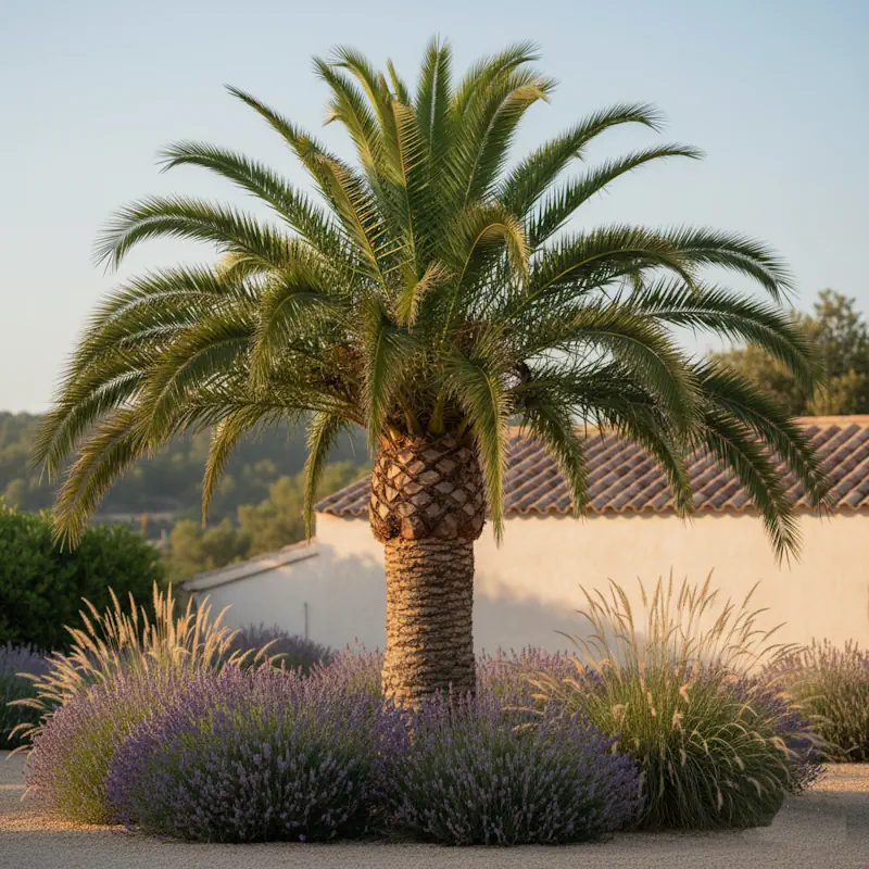 Phoenix canariensis Kanarische Dattelpalme im Garten mit üppiger Fiederkrone