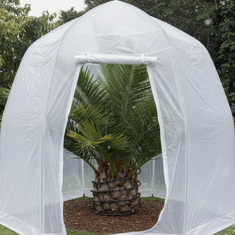 Jubaea chilensis mit Schutzhaube und Heizkabel im Garten während des Winters – Palmenstadl