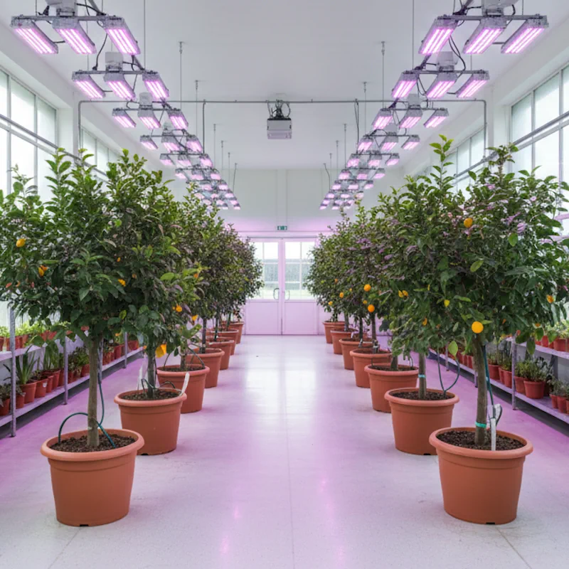 LED-Pflanzenlampe über Zitruspflanzen im Winterquartier