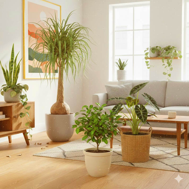 Helles Wohnzimmer mit Strelitzia, Ficus und Alocasia im Winter