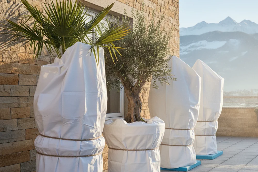 Palmen, Oliven und Oleander mit Winterschutz im Kübel auf Terrasse – Palmenstadl