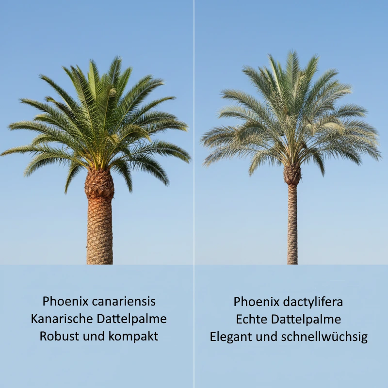 Vergleich Phoenix canariensis und Phoenix dactylifera nebeneinander