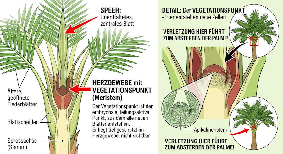 Anatomie-Grafik Palme – Speer, Herzgewebe und Vegetationspunkt (Apikalmeristem) mit Beschriftung