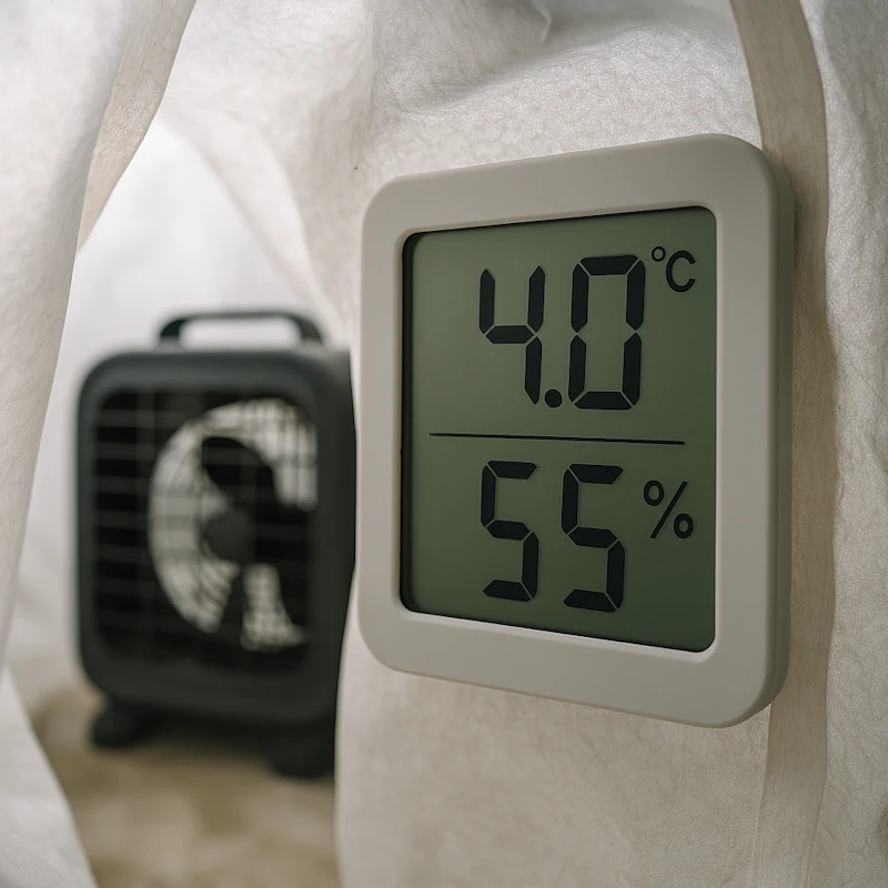 Thermostat und Hygrometer zur Temperatur- und Luftfeuchte-Kontrolle im Olivenbaum-Winterschutz