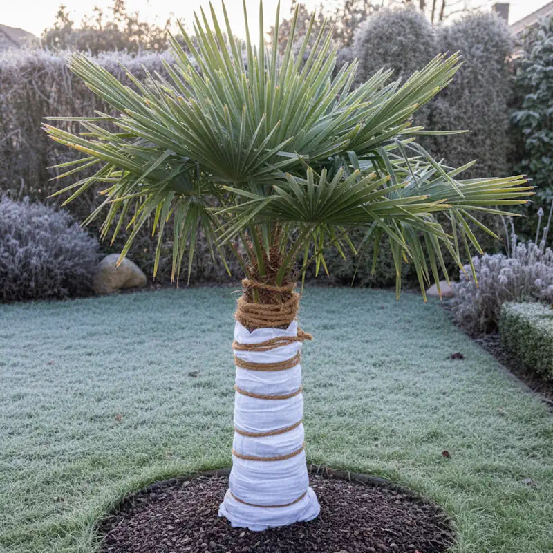 Trachycarpus fortunei im Garten mit leichtem Winterschutz aus Vlies und Mulch – Palmenstadl