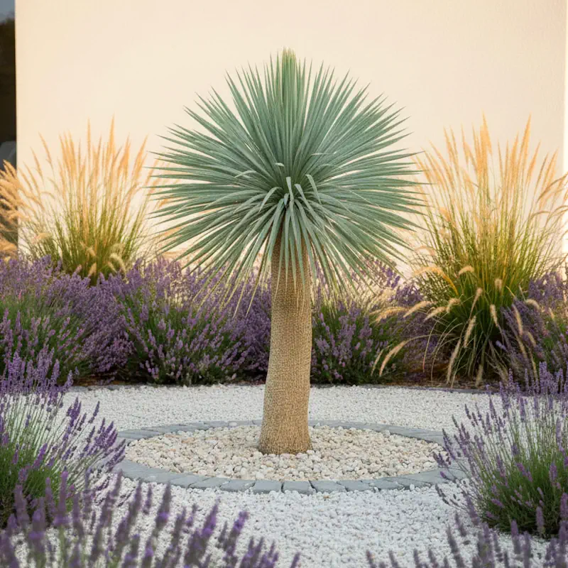 Yucca rostrata Blaue Palmlilie im sonnigen Garten mit blaugrauer Krone vor Hauswand